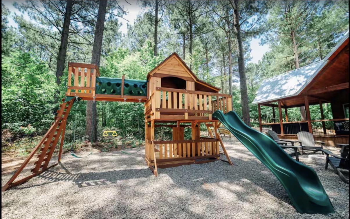 Sound of Sunshine — cedar playset with slide, climbing wall and monkey bars